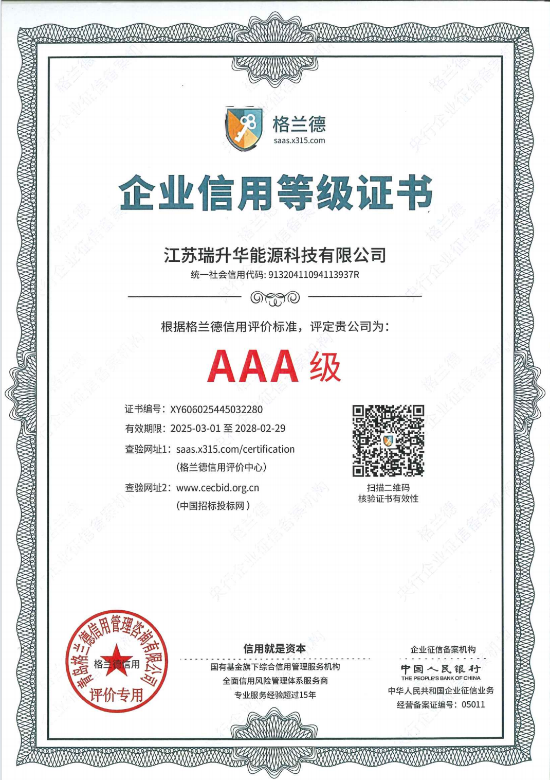 AAA Credit Rating Certificate