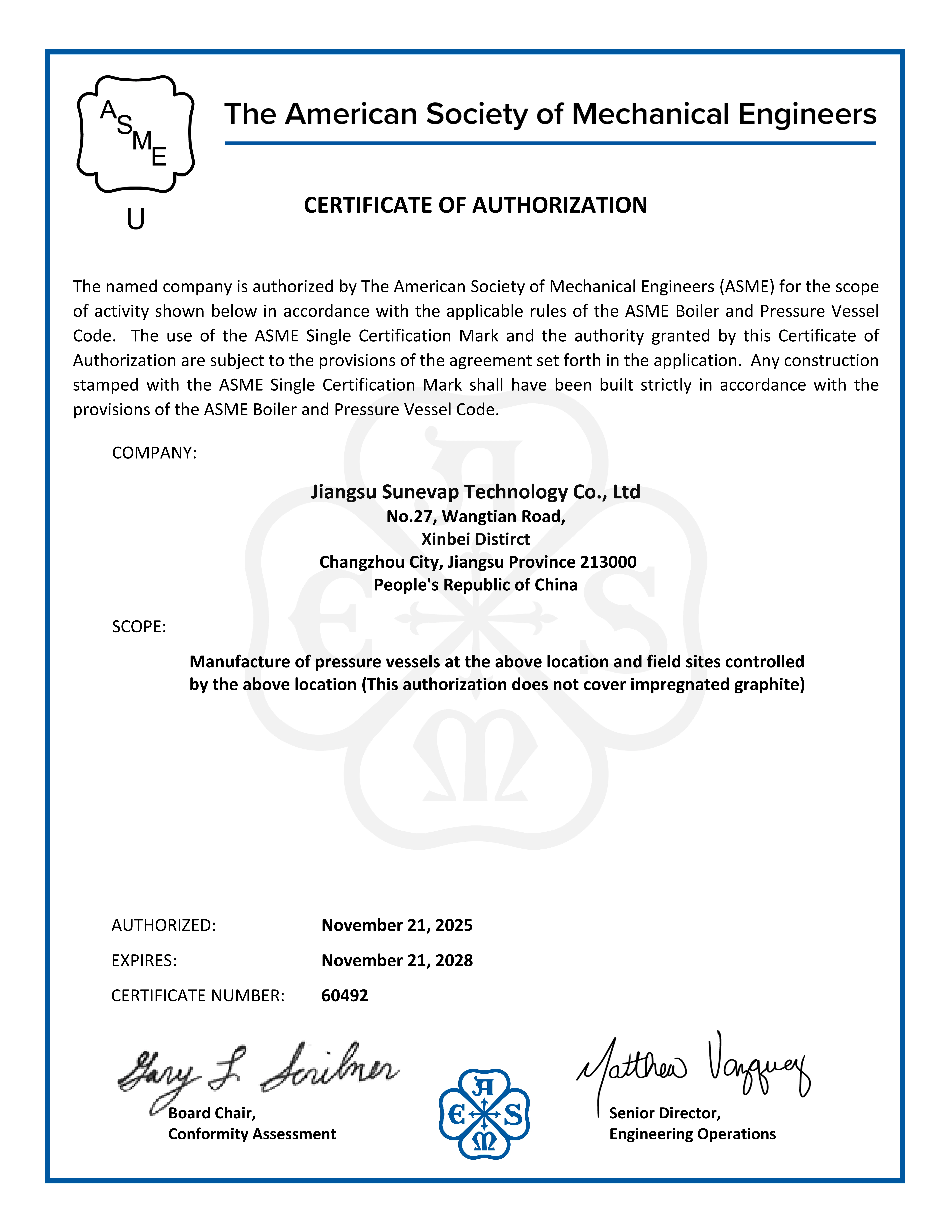 ASME U Stamp Certificate of Authorization